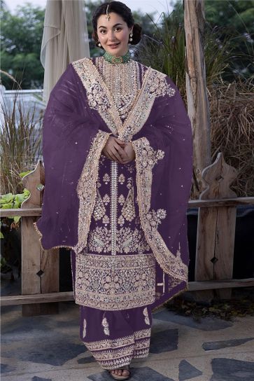 Georgette Fabric Lavender Color Excellent Pakistani Replica Palazzo Suit