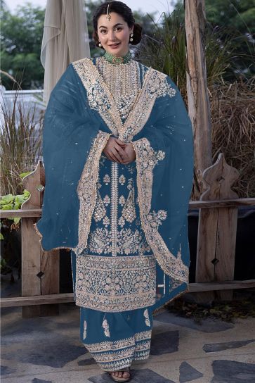 Glamorous Georgette Fabric Cyan Color Pakistani Replica Palazzo Suit