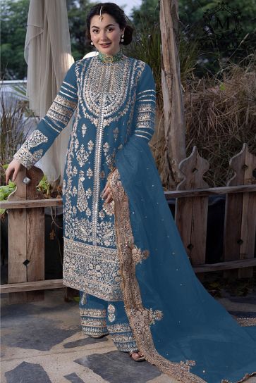 Glamorous Georgette Fabric Cyan Color Pakistani Replica Palazzo Suit