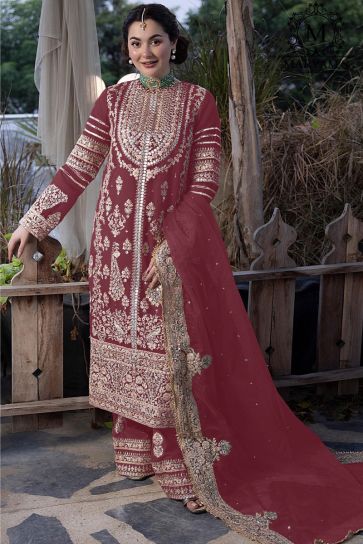 Fascinating Maroon Color Georgette Fabric Pakistani Replica Palazzo Suit