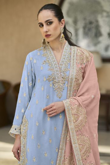 Excellent Chiffon Fabric Blue Color Readymade Palazzo Suit
