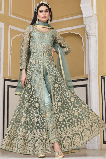 Net Fabric Light Cyan Color Party Style Elegant Anarkali Salwar Kameez
