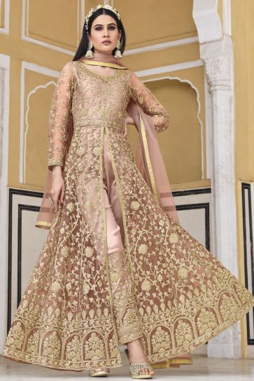 Peach Color Net Fabric Party Style Classic Anarkali Salwar Suit