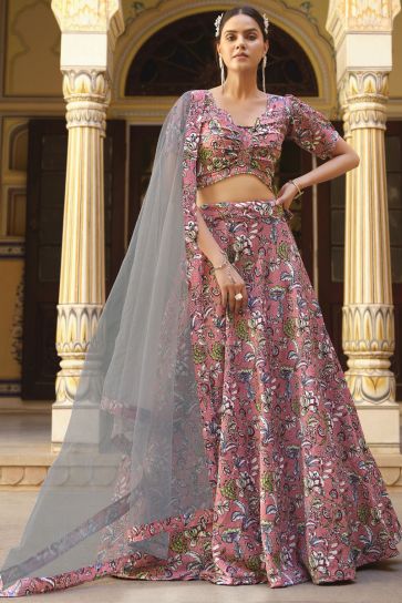 Pink Color Printed Design Sangeet Wear Art Silk Fabric Traditional Lehenga Choli