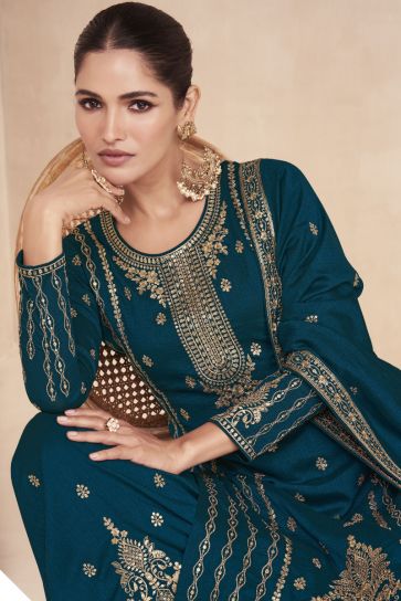 Teal Color Party Wear Embroidered Readymade Designer Palazzo Salwar Suit In Art Silk Fabric