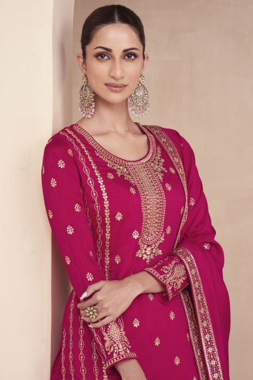 Embroidered Rani Color Wedding Wear Readymade Designer Palazzo Salwar Suit In Art Silk Fabric