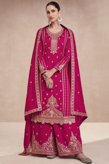 Embroidered Rani Color Wedding Wear Readymade Designer Palazzo Salwar Suit In Art Silk Fabric
