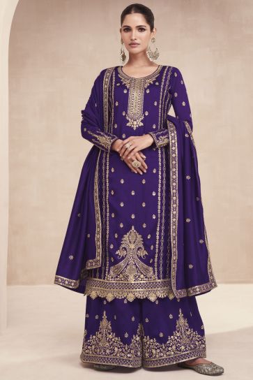 Art Silk Fabric Purple Color Festive Wear Embroidered Readymade Designer Palazzo Salwar Kameez