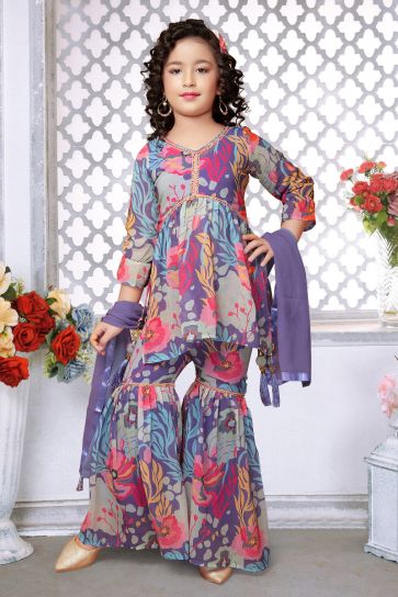Georgette Blue Color Reception Wear Printed Kids Readymade Sharara Suit