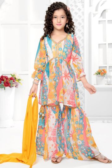 Function Wear Georgette Fabric Multi Color Digital Flower Print Readymade Kids Sharara Suit