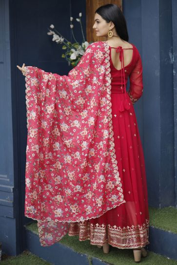 Georgette Fabric Soft Embroidered Red Color Readymade Long Anarkali Style Gown With Dupatta