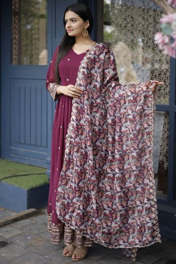 Merlot Georgette Fabric Wine Color Embroidered Readymade Long Anarkali Style Gown With Dupatta
