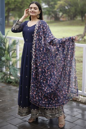 Faded Navy Blue Color Georgette Fabric Embroidered Readymade Long Anarkali Style Gown With Dupatta