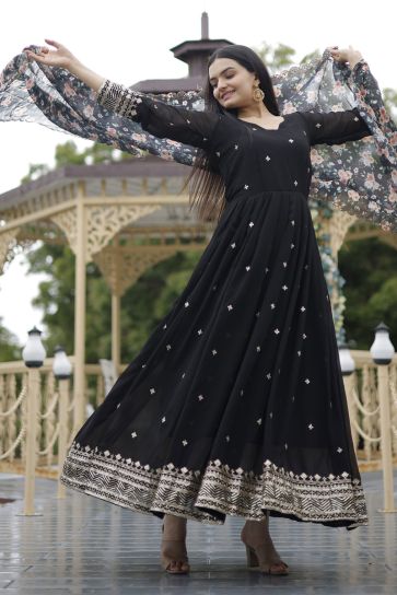 Black Color Embroidered Readymade Long Anarkali Style Gown With Dupatta