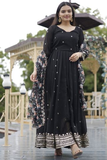 Black Color Embroidered Readymade Long Anarkali Style Gown With Dupatta