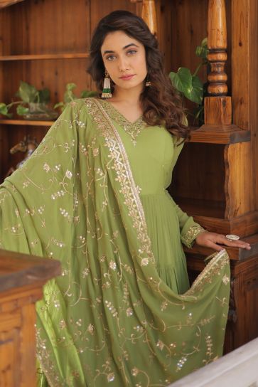 Georgette Fabric Green Embroidered Readymade Anarkali Style Long Gown With Dupatta