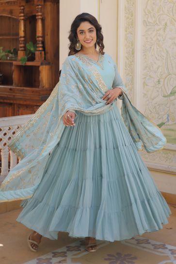Sky Blue Color Embroidered Readymade Anarkali Style Long Gown With Dupatta