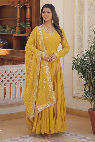 Embroidered Yellow Color Readymade Anarkali Style Long Gown With Dupatta