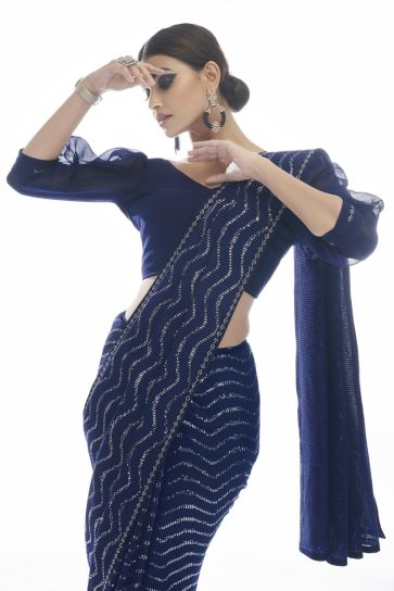 Beautiful Navy Blue Color Party Look Georgette Saree With Sequins Work