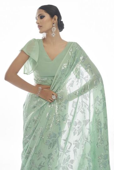 Tempting Sequins Work On Sea Green Color Party Look Georgette Saree