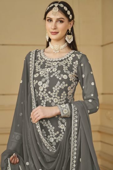 Party Wear Georgette Fabric Grey Color Supreme Embroidered Palazzo Suit