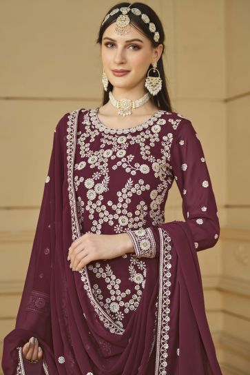 Alluring Party Wear Georgette Fabric Wine Color Embroidered Palazzo Suit