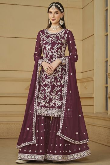 Alluring Party Wear Georgette Fabric Wine Color Embroidered Palazzo Suit