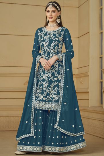 Excellent Georgette Fabric Party Wear Teal Color Embroidered Palazzo Suit