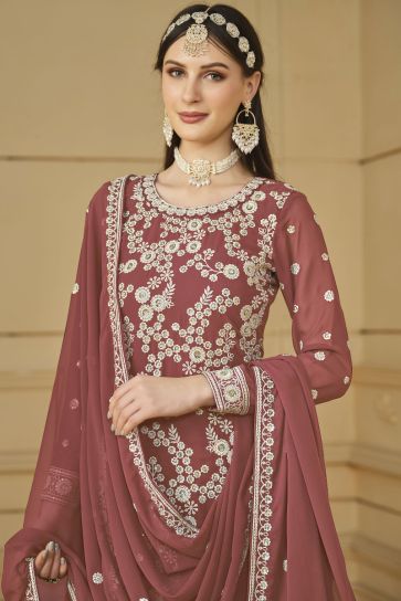 Party Wear Peach Color Georgette Fabric Elegant Embroidered Palazzo Suit