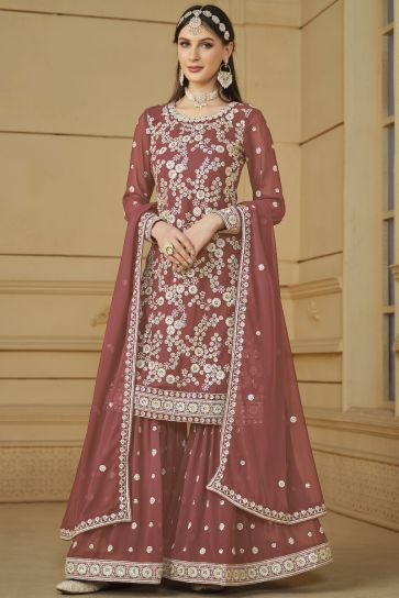 Party Wear Peach Color Georgette Fabric Elegant Embroidered Palazzo Suit