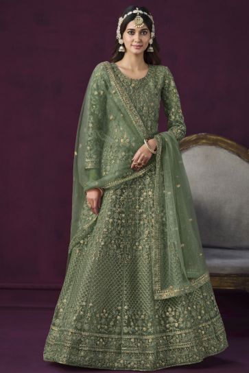 Beautiful Sea Green Color Embroidered Anarkali Suit In Net Fabric