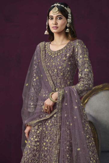 Embroidered Net Fabric Pretty Anarkali Suit In Lavender Color