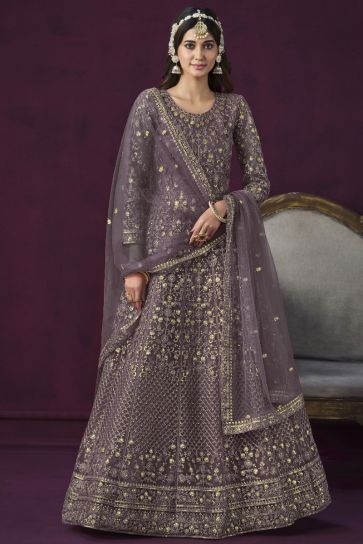 Embroidered Net Fabric Pretty Anarkali Suit In Lavender Color