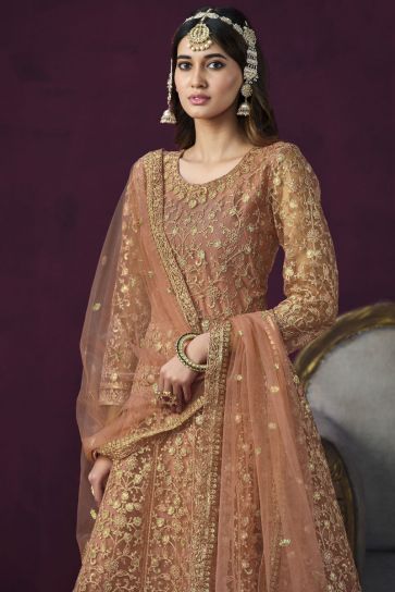 Excellent Peach Color Embroidered Anarkali Salwar Suit In Net Fabric