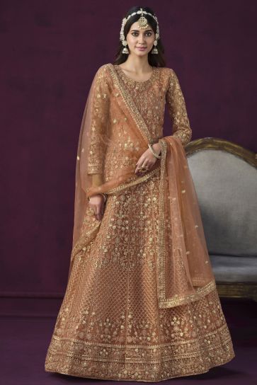 Excellent Peach Color Embroidered Anarkali Salwar Suit In Net Fabric