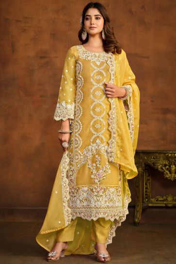 Organza Fabric Embroidered Straight Cut Salwar Kameez In Yellow Color