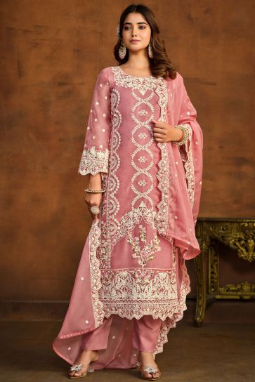 Pink Color Organza Fabric Designer Embroidered Salwar Suit
