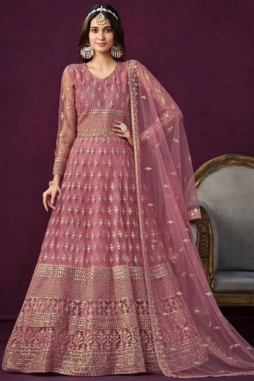 Pink Color Embroidered Long Anarkali Salwar Suit In Net Fabric
