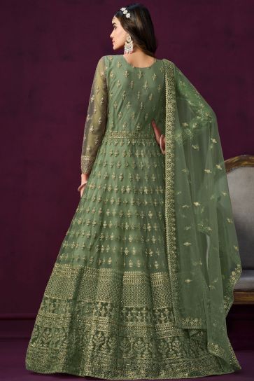 Sea Green Color Embroidered Long Anarkali Suit In Net Fabric