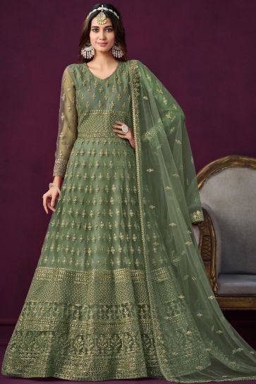 Sea Green Color Embroidered Long Anarkali Suit In Net Fabric