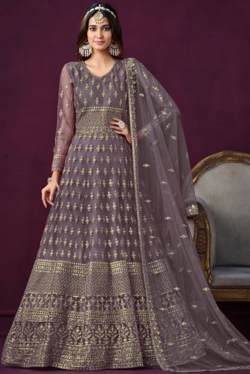 Lavender Color Embroidered Long Anarkali Salwar Kameez In Net Fabric