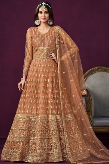 Peach Color Embroidered Long Anarkali Salwar Suit In Net Fabric