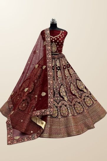 Velvet Fabric Maroon Color Excellent Bridal Lehenga Choli