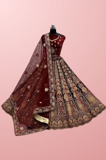 Maroon Color Lovely Thread Embroidred Velvet Fabric Bridal Lehenga