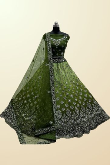 Incredible Net Fabric Green Color Embroidered Lehenga Choli