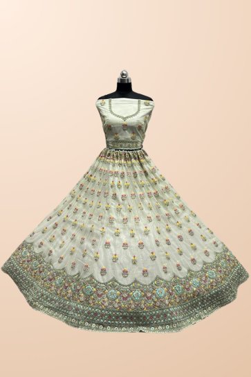 Wedding Wear Sea Green Color Inventive Bridal Lehenga In Net Fabric