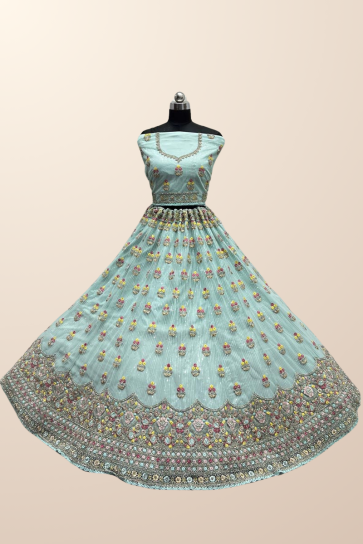 Sky Blue Color Net Fabric Alluring Wedding Wear Bridal Lehenga