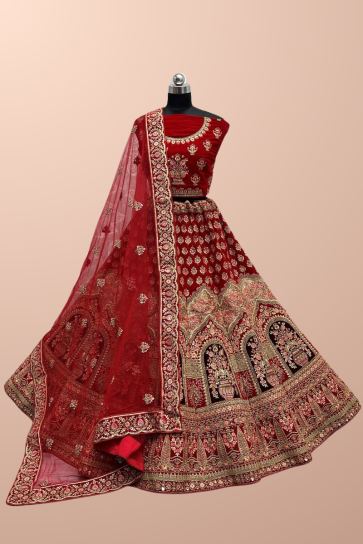 Velvet Fabric Thread Embroidered On Red Color Amazing Bridal Look Lehenga