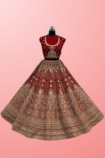 Exclusive Thread Embroidered On Red Color Bridal Look Lehenga In Velvet Fabric
