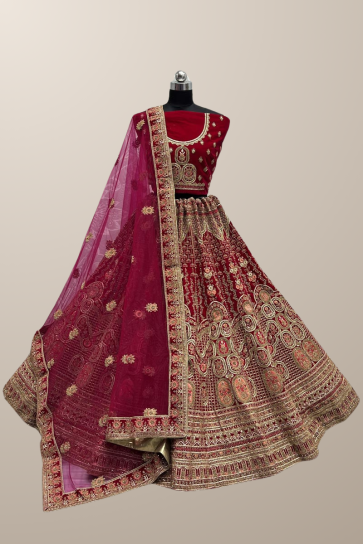 Pink Color Exquisite Thread Embroidered Bridal Look Lehenga In Velvet Fabric